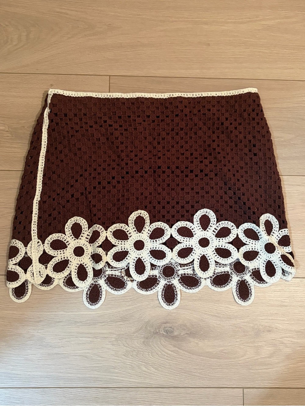 Mango Brown Mini Skirt with Cream Crochet Floral Trim